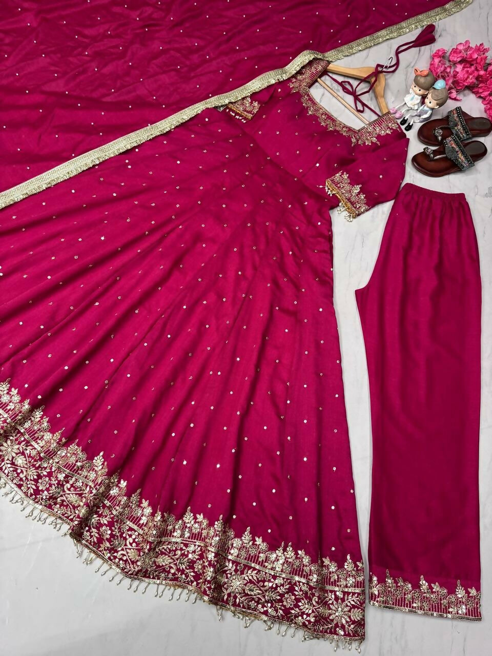 Teeya Creation Rani Color Pure Vichitra Silk Embroidery Work Party Wear Gown