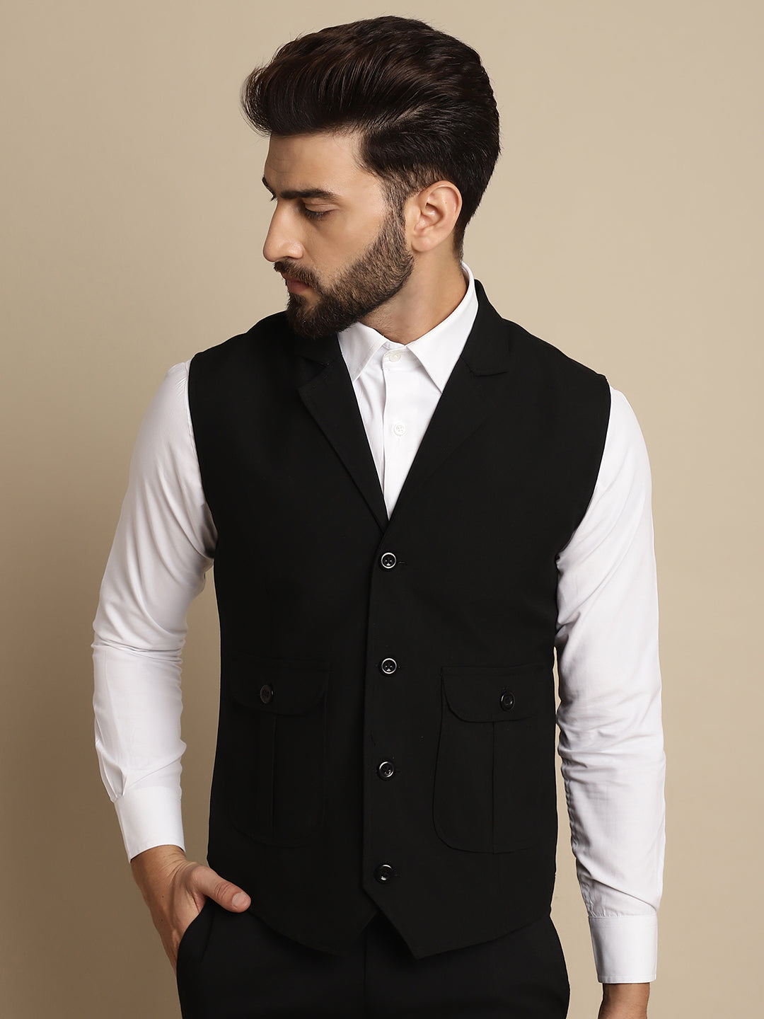 Even Apparels Men's Black Waistcoat with Notched Lapel 