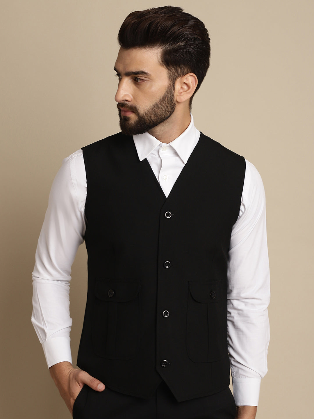 Even Apparels Men's Black Waistcoat With Patch Pocket 