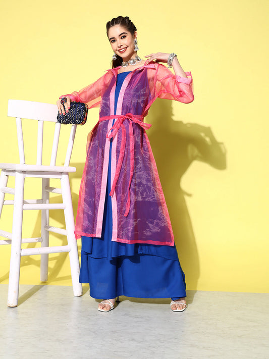 InWeave Women's Ink Blue Strappy Kurta Set With Pink Organza Cape