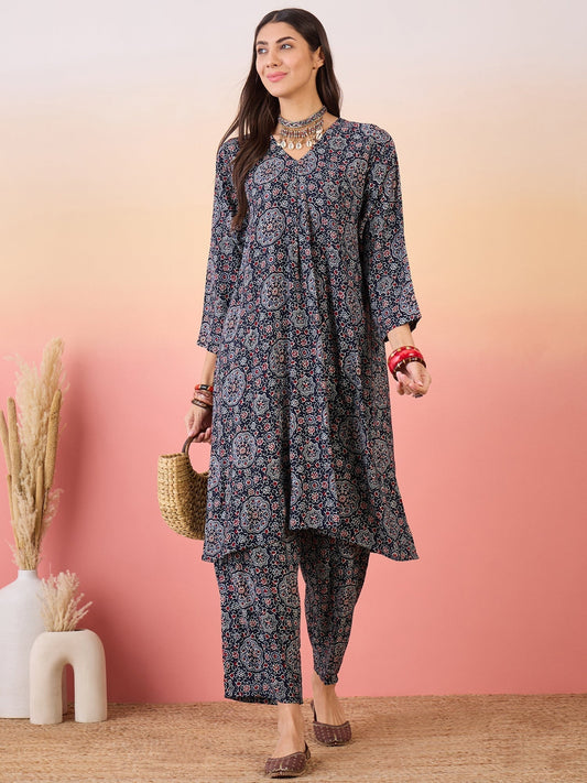 InWeave Navy Maroon Ajrakh Foil V Neck Kurta Pant Set 