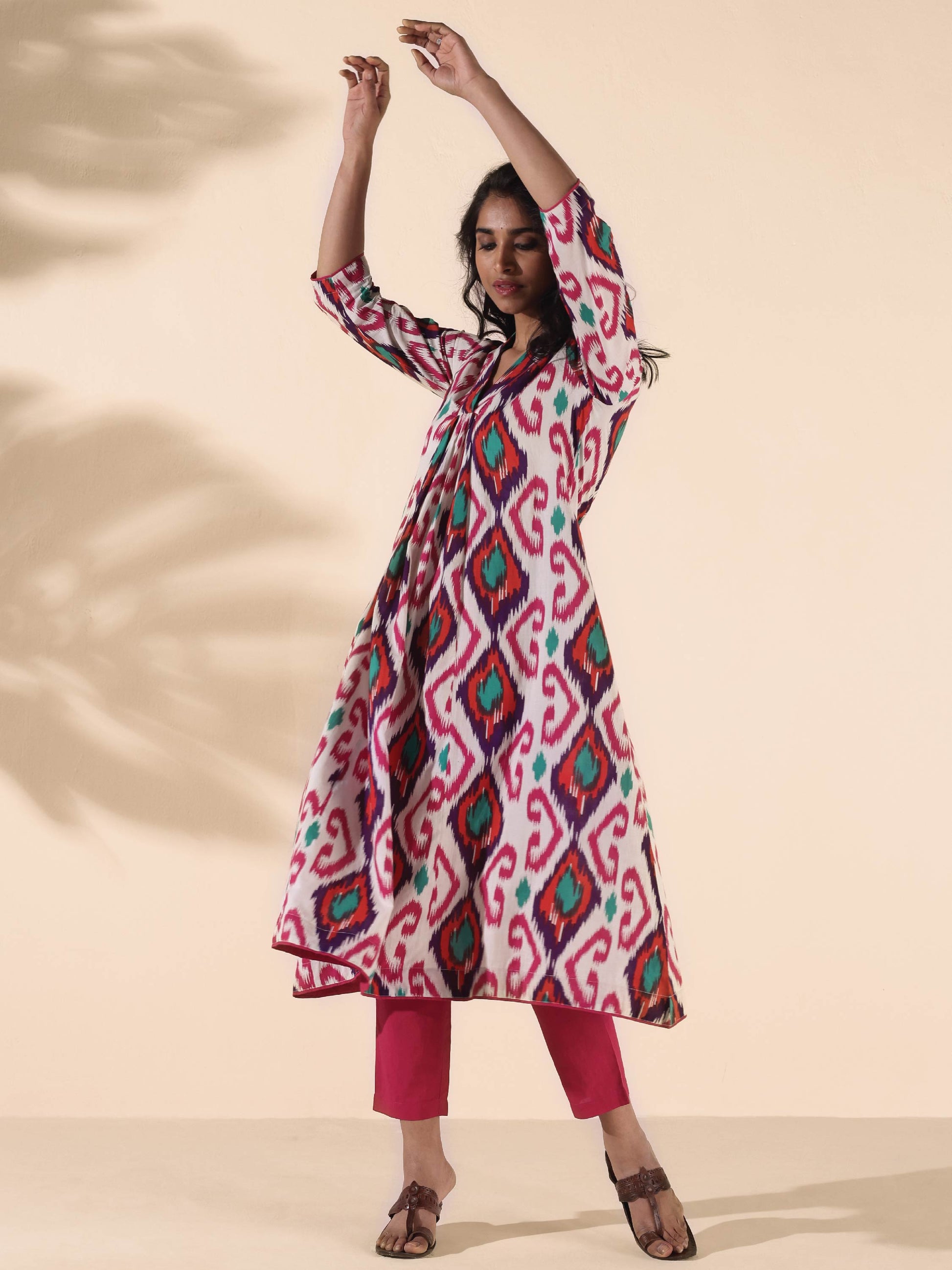 trueBrowns Pink Cotton Ikat Flared Kurta Pant Set 