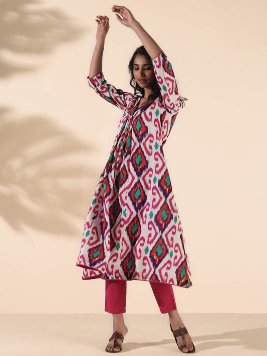 trueBrowns Pink Cotton Ikat Flared Kurta Pant Set 