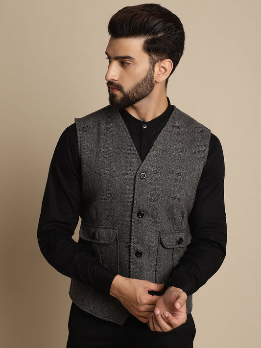 Even Apparels Men's Grey Woolen Waistcoat With Patch Pocket - Grab2buy