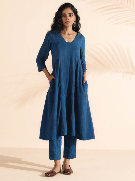trueBrowns Blue Cotton Dobby Flared Kurta Pant Set 