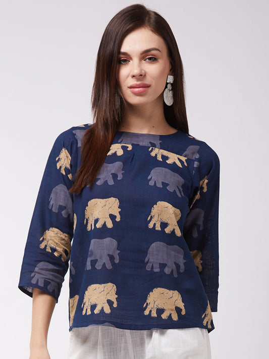 InWeave Elephant Print Blue Top 