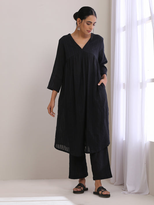 trueBrowns Black Dobby Flared Slit Kurta Pant Set 