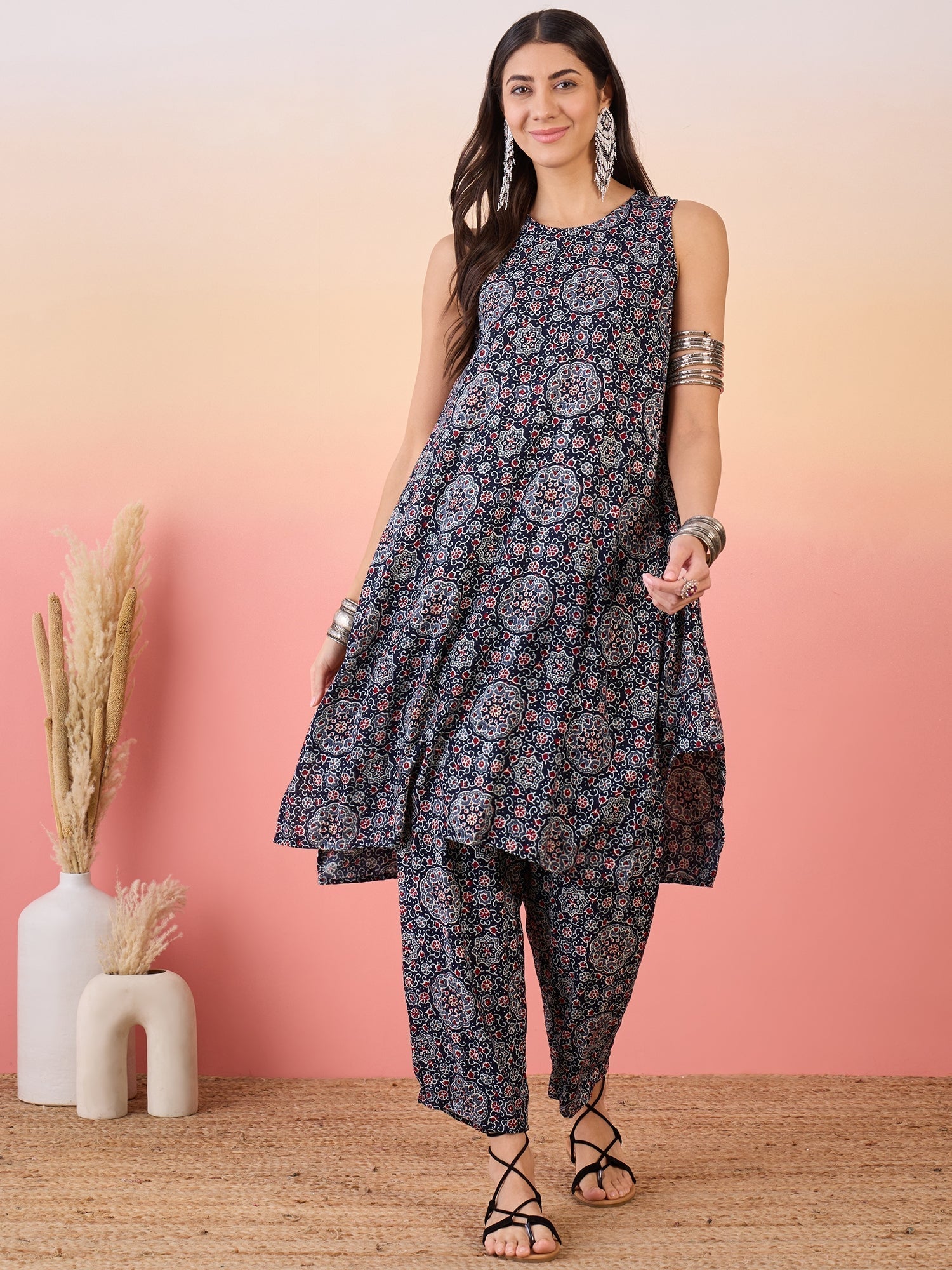 InWeave Navy Maroon Ajrakh Foil Round Neck Kurta Pant Set 
