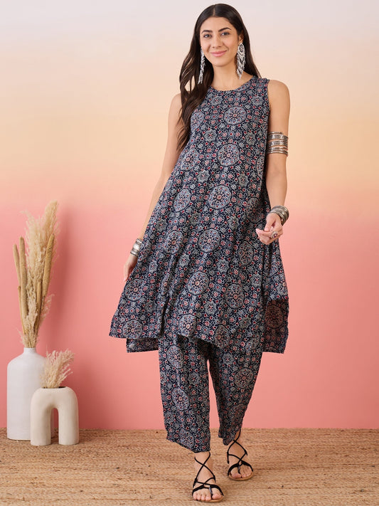 InWeave Navy Maroon Ajrakh Foil Round Neck Kurta Pant Set 