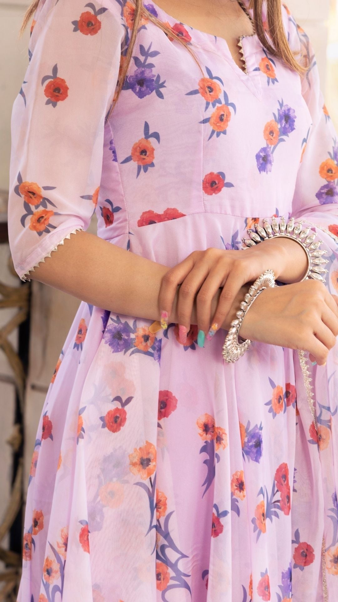 Pomcha Jaipur Lavender Gangaur Printed Organza Anarkali 