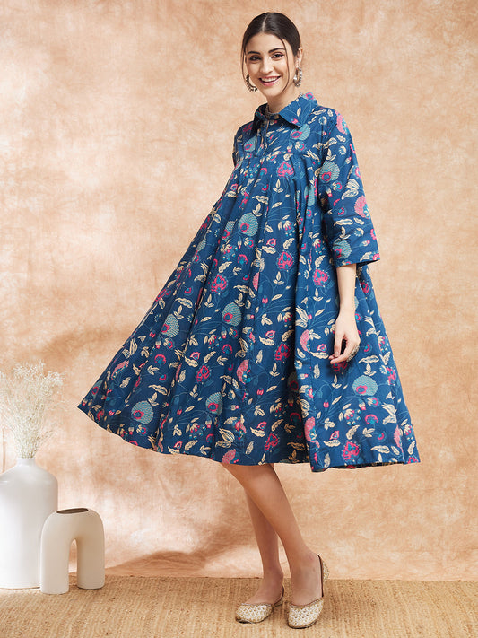 InWeave Women's Blue Pink Kalamkari Flared Dress 