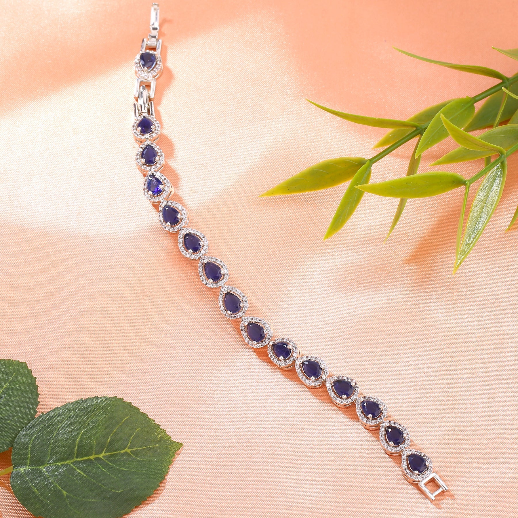 Estele Rhodium Plated CZ Drop Designer Charm Bracelet with Blue American Diamonds for Women Estele Accessories