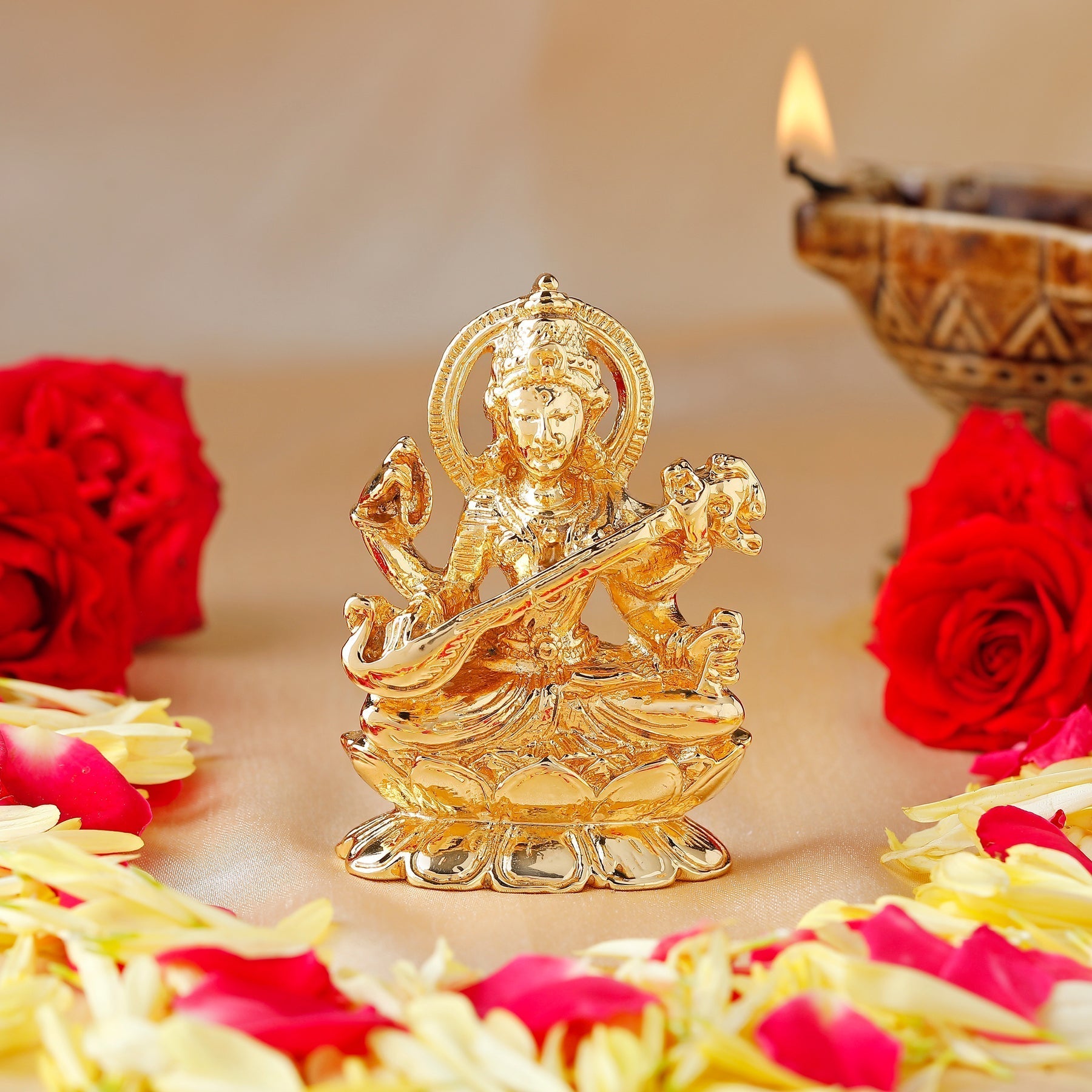 Estele Gold-Polished Goddess of Knowledge Sarasavti Ma Idol for Pooja & Car decor 