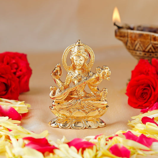 Estele Gold-Polished Goddess of Knowledge Sarasavti Ma Idol for Pooja & Car decor 