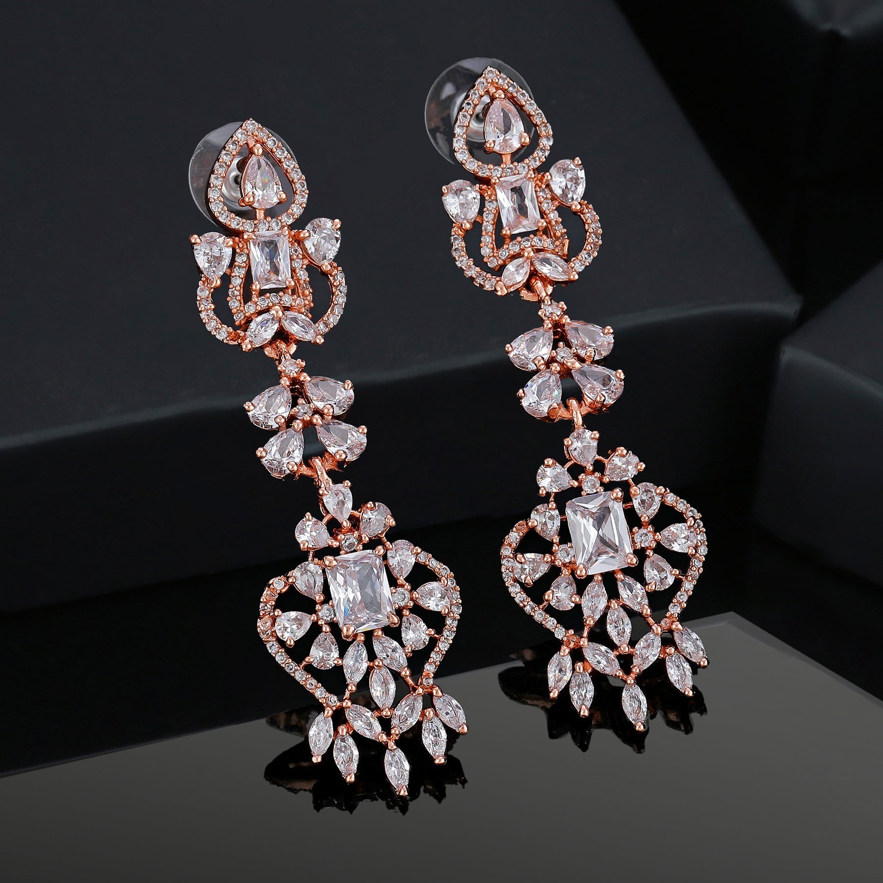Estele Rose Gold-Polished CZ Magnificent Drop & Dangle Earrings with White Crystals for Women Estele Accessories