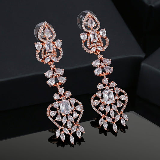 Estele Rose Gold-Polished CZ Magnificent Drop & Dangle Earrings with White Crystals for Women Estele Accessories