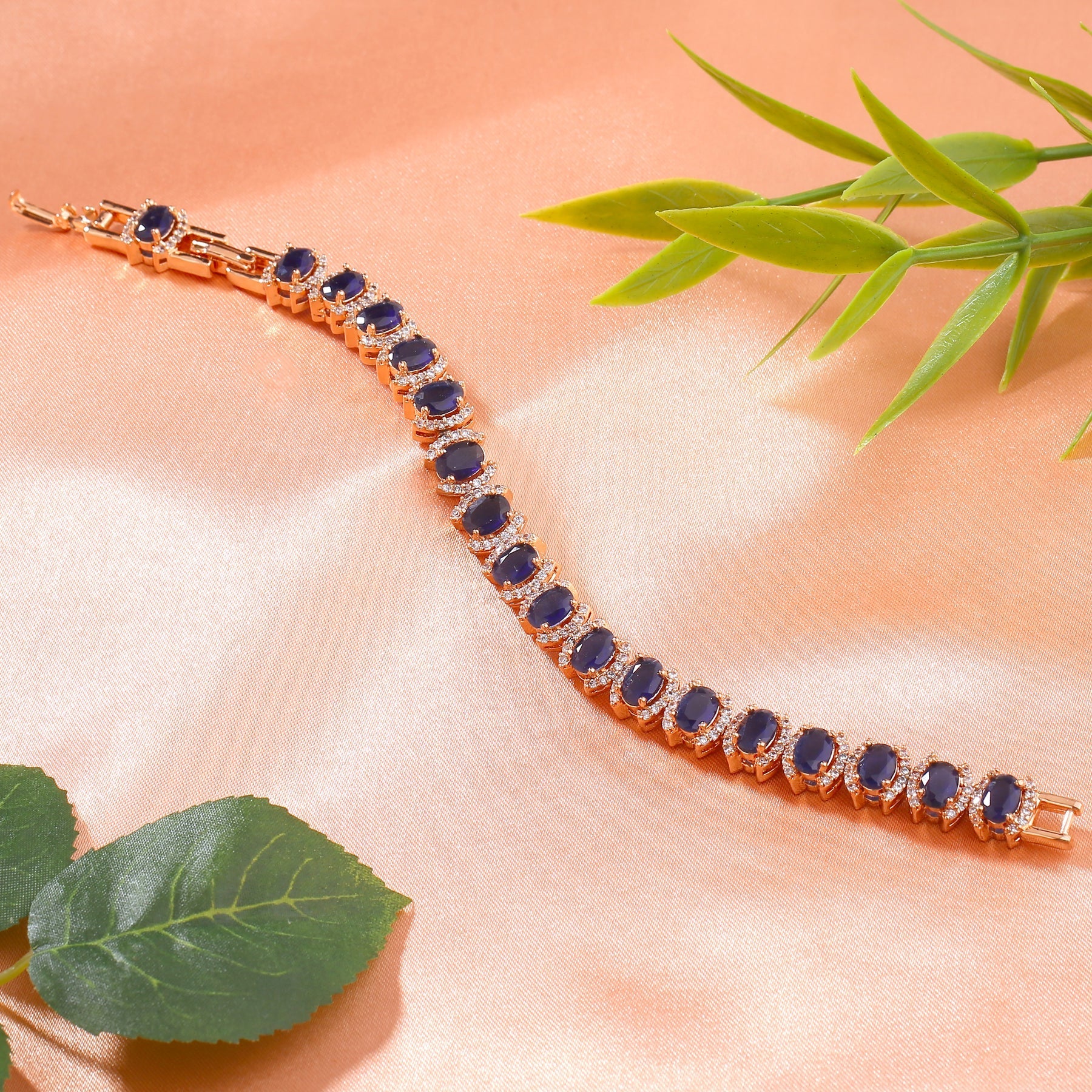 Estele Rose Gold-Polished CZ Ravishing Oval Designer Charm Bracelet with Blue American Diamonds for Women Estele Accessories