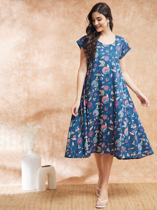 InWeave Women's Blue Pink Kalamkari A Line Dress 
