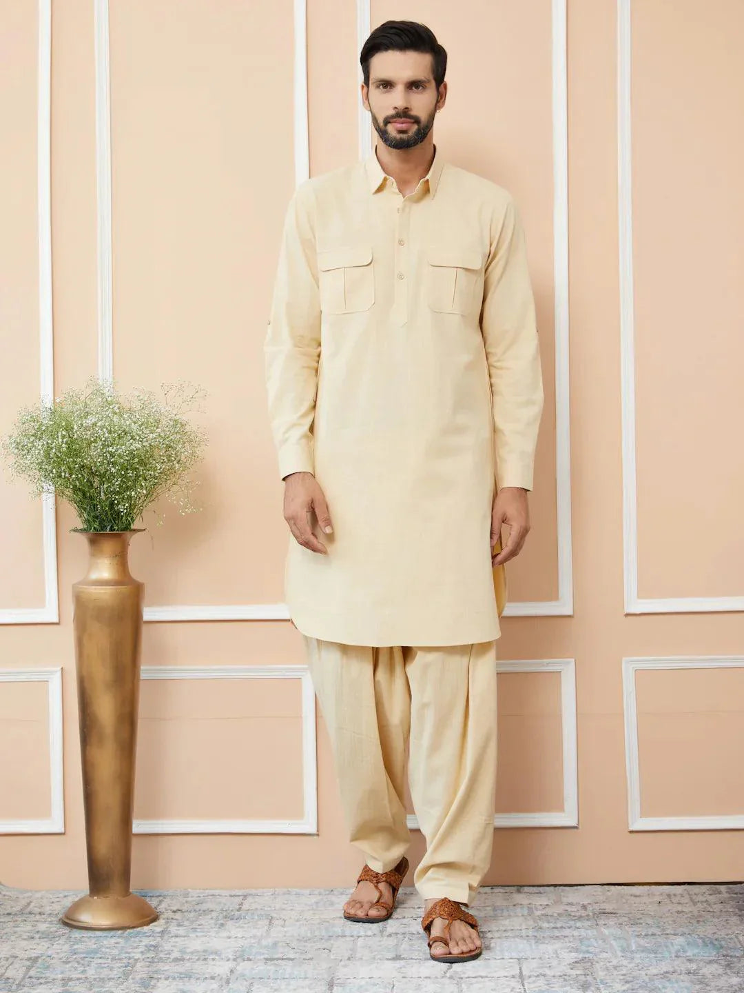 Fabmade Beige Cotton Linen Pathani Kurta With Salwar