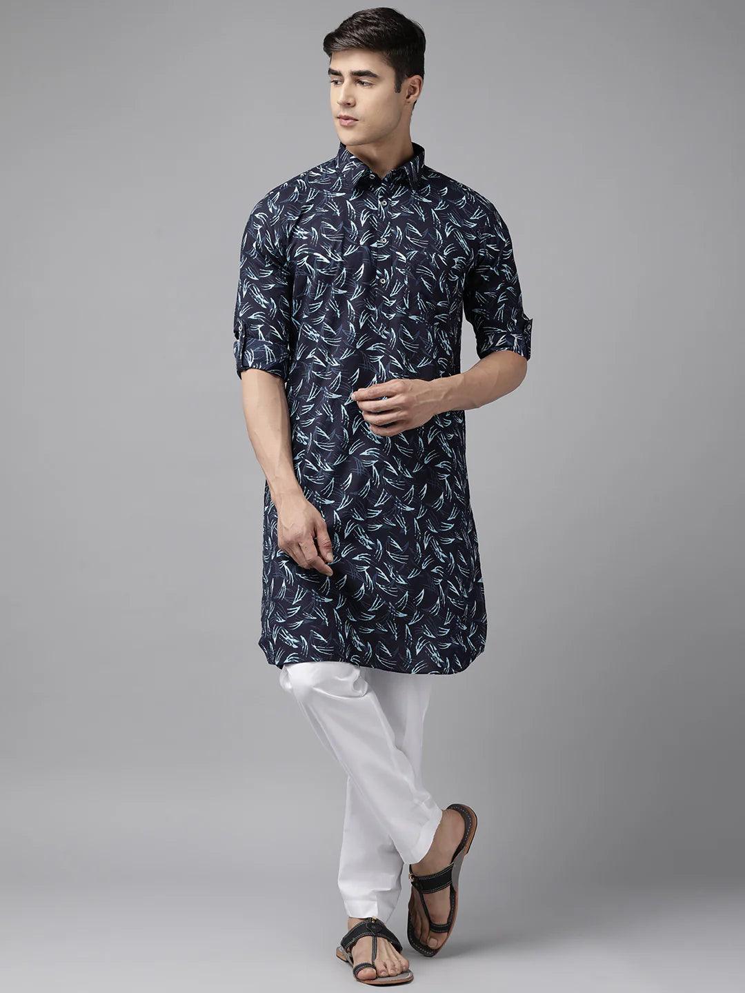 Fabmade Pure Cotton Pathani Kurta Print With Pyjama