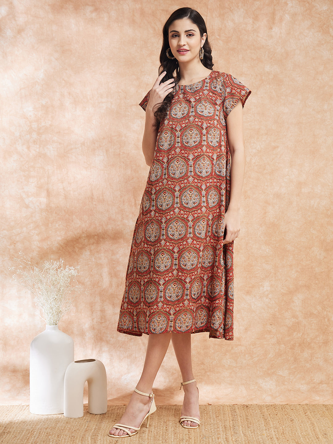 InWeave Women's Maroon Mughal Kalamkari A Line Dress 