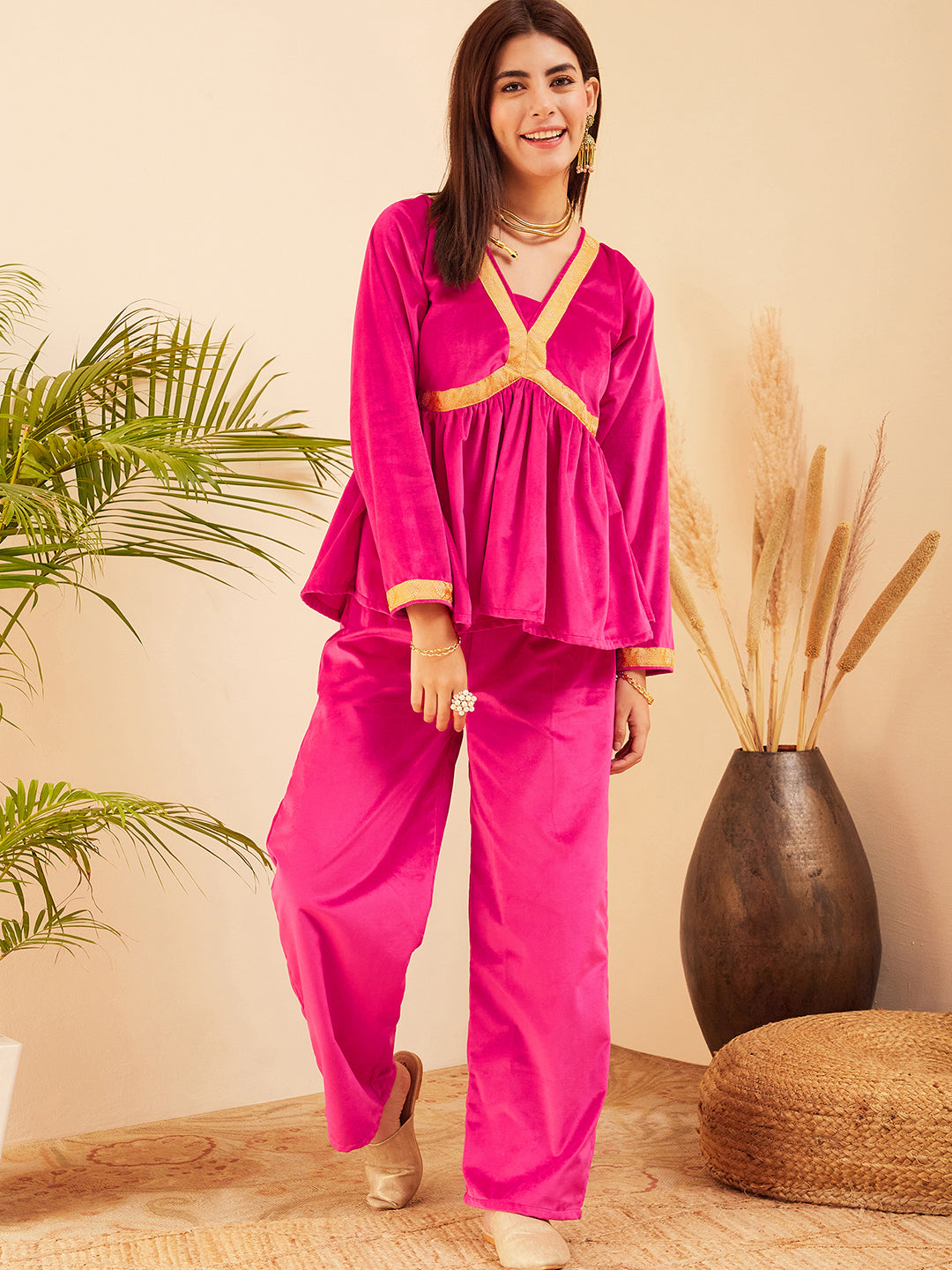 InWeave Women's Magenta Mughal Shaan Style Velvet Short Kurta Set 