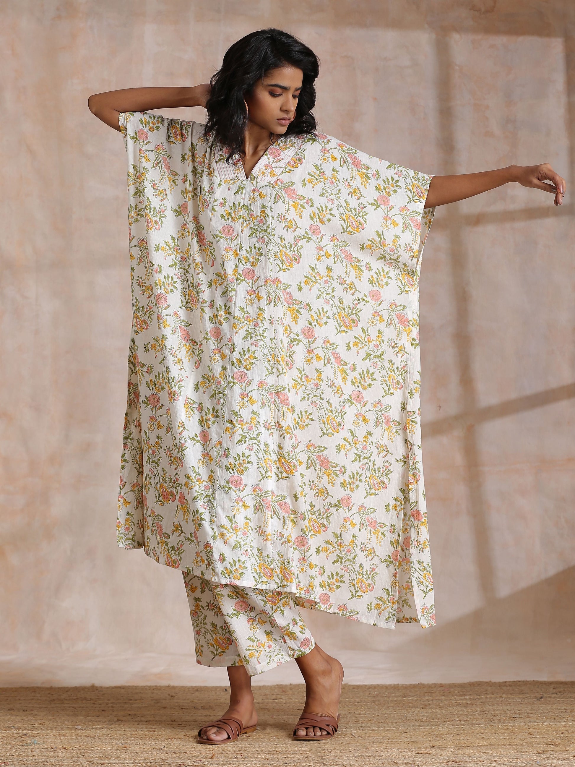 trueBrowns Pink Yellow Floral On White Block Print Cotton Panel Kaftan Kurta Pant Set 