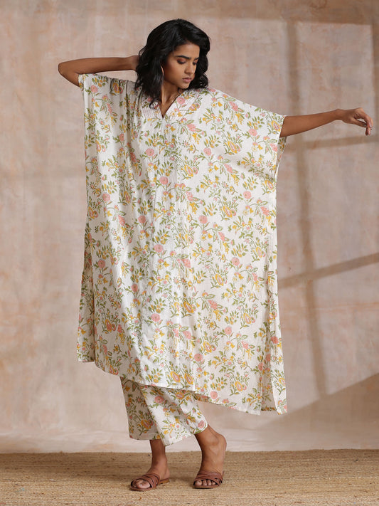 trueBrowns Pink Yellow Floral On White Block Print Cotton Panel Kaftan Kurta Pant Set 
