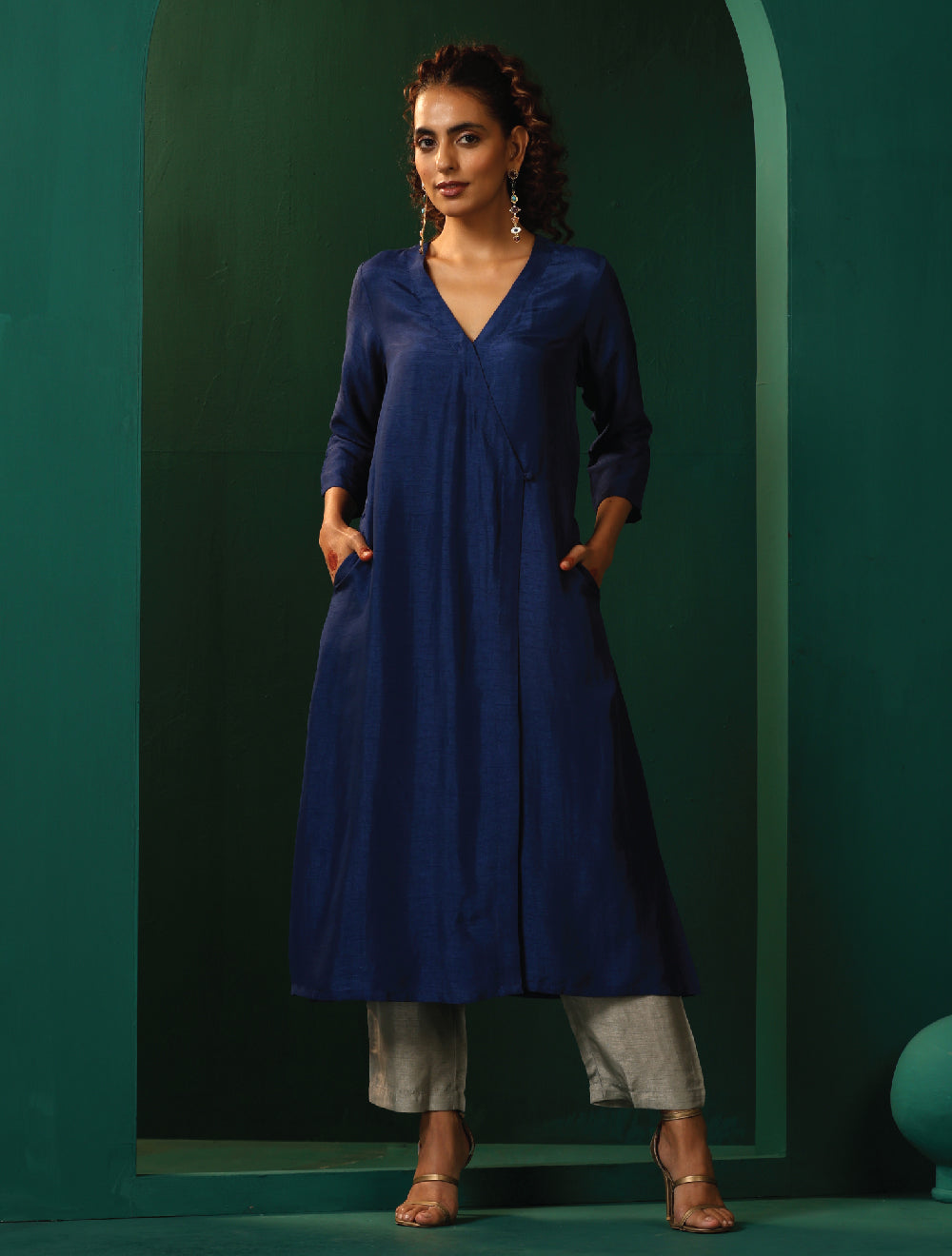 trueBrowns Blue Silk Angrakha Kurta Pant Set 