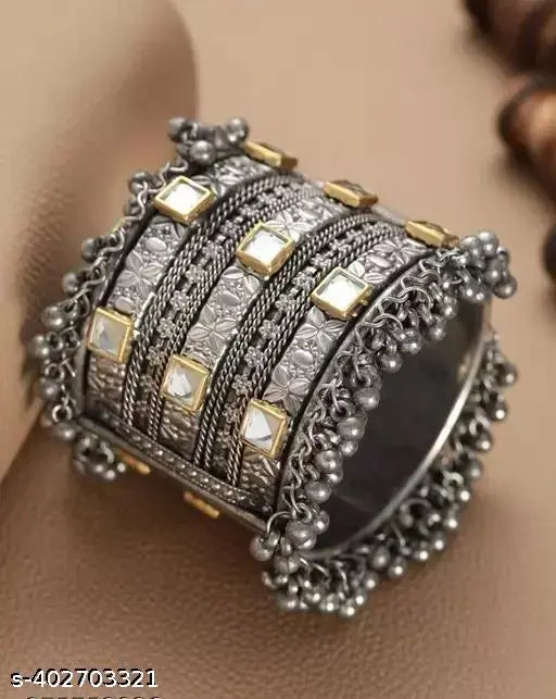 Tehzeeb Creations Women's Silver Colour Oxidised Bangle With Kundan | Grab2Buy