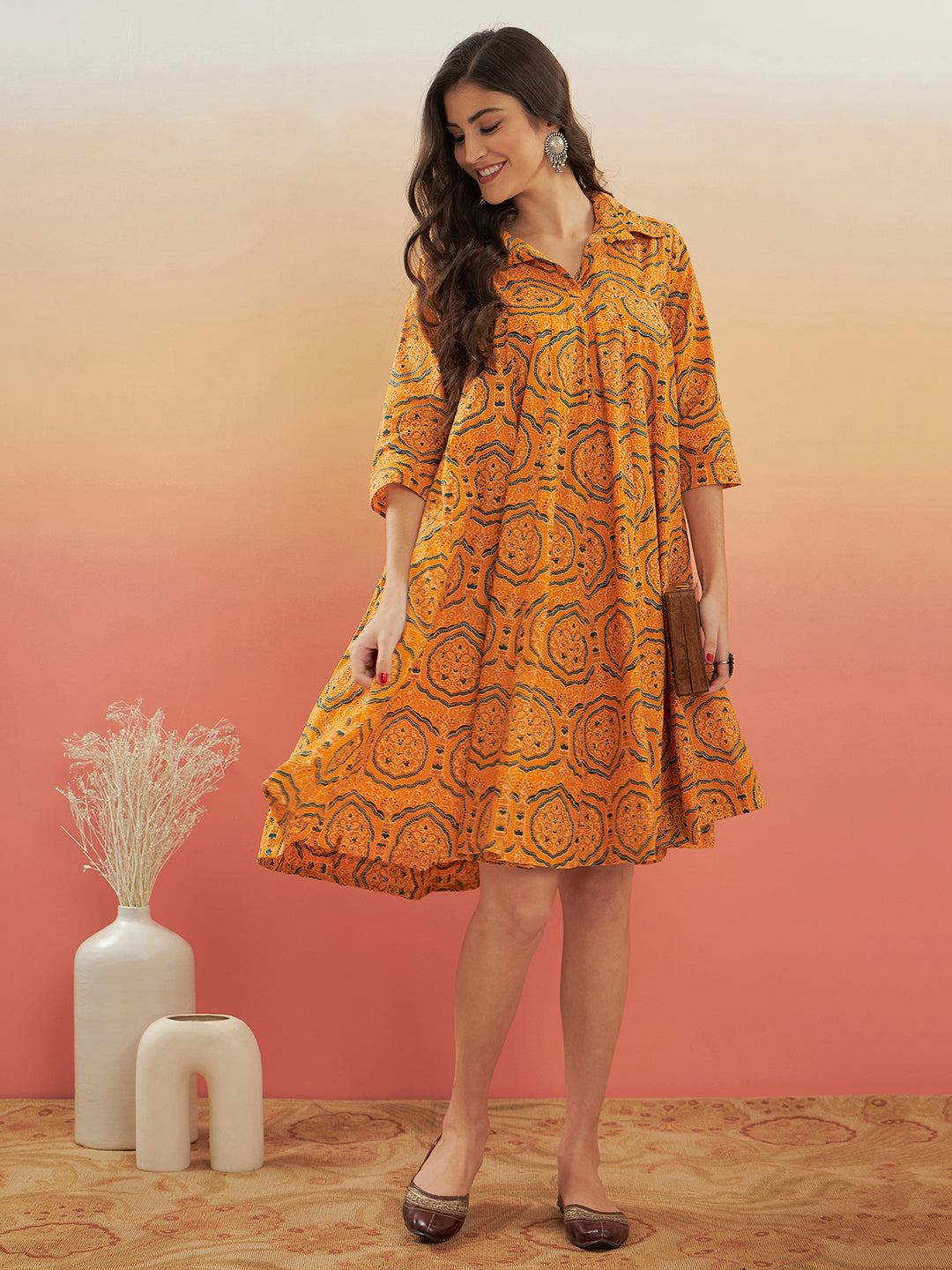InWeave Women's Haldi Yellow Mughal Kalamkari Flared Dress 