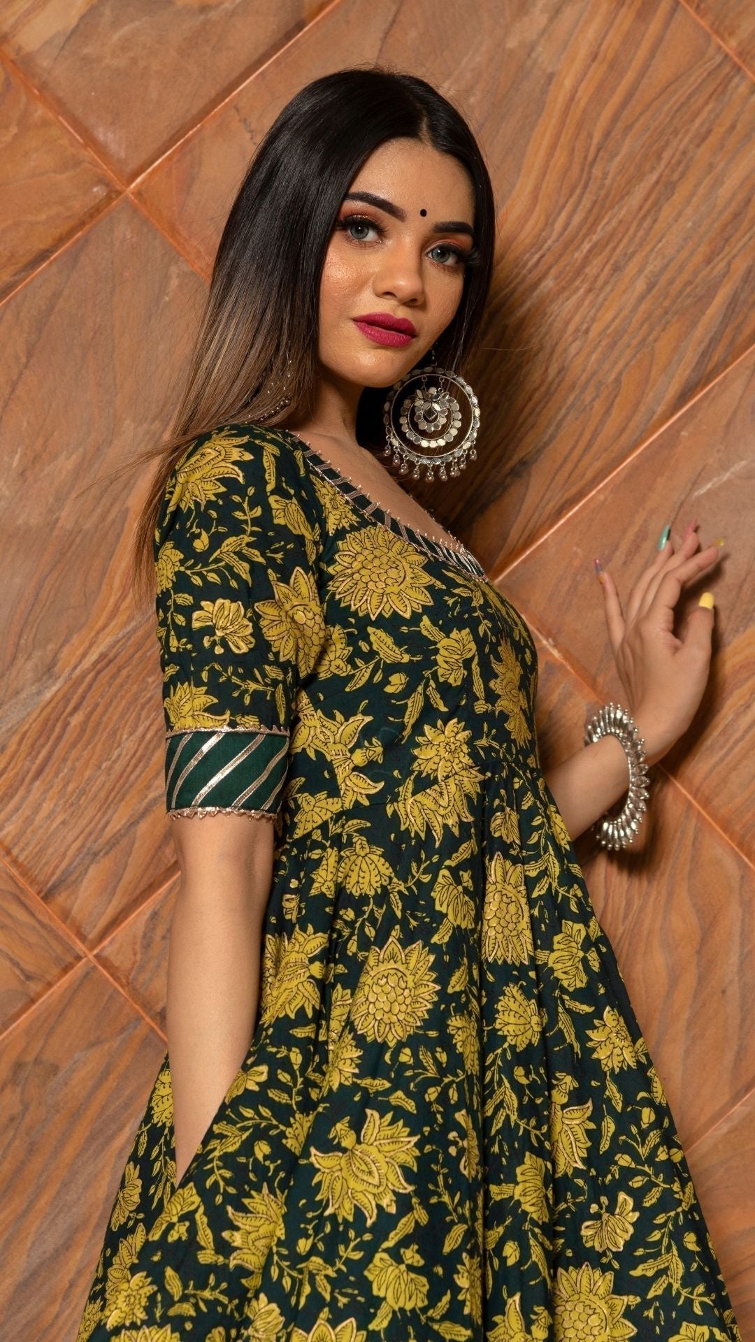 Pomcha Jaipur Idika Green Hand Block Anarkali Set 