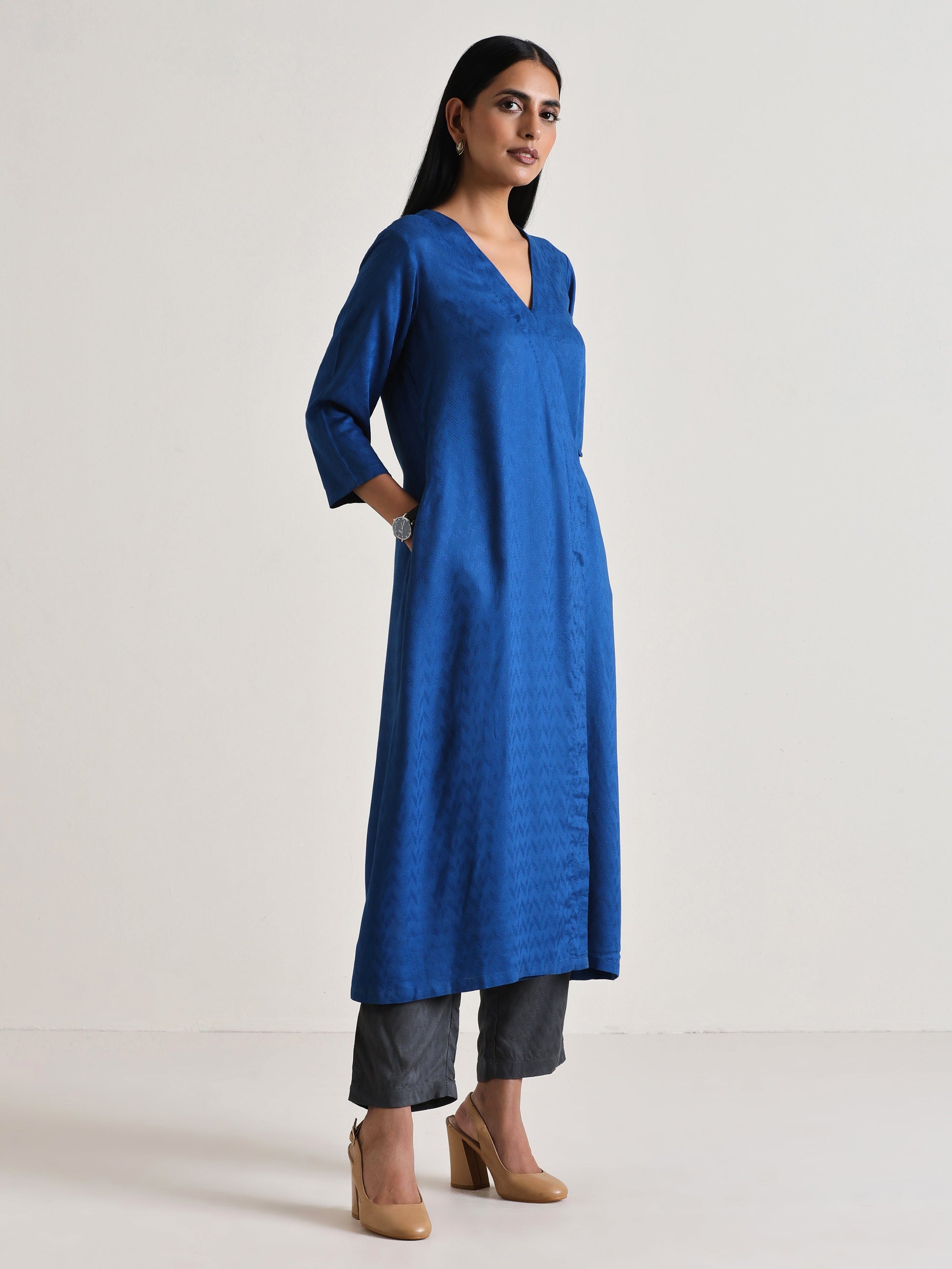 trueBrowns Ink Blue Angrakha Kurta Set 