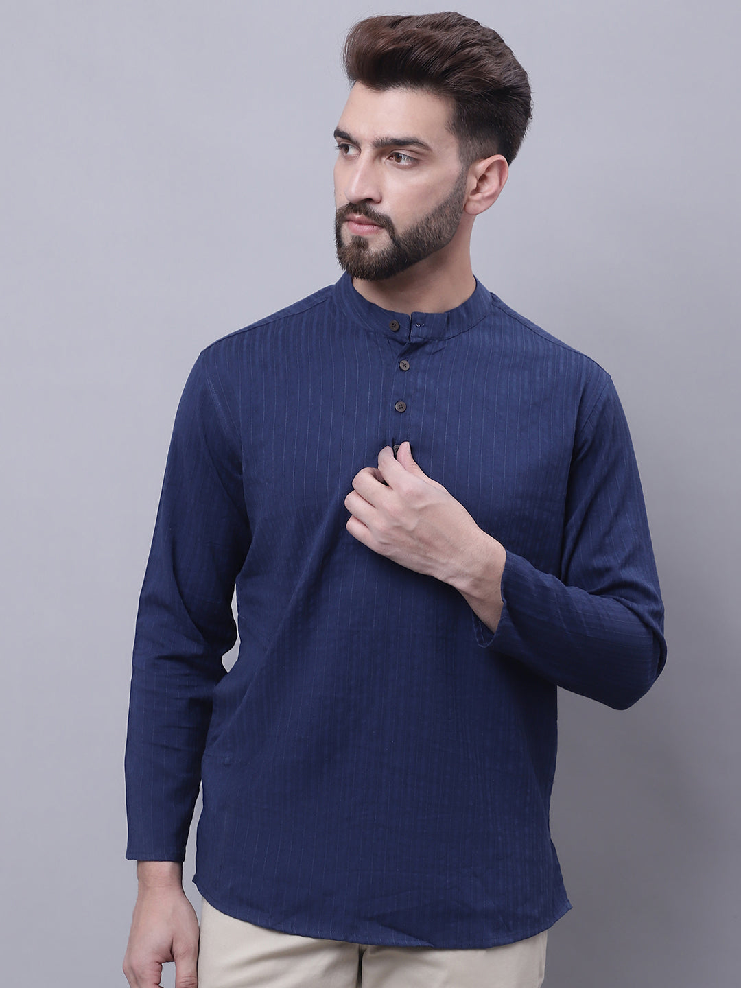 Even Apparels Blue Pure Cotton Short Kurta With Band Collar 