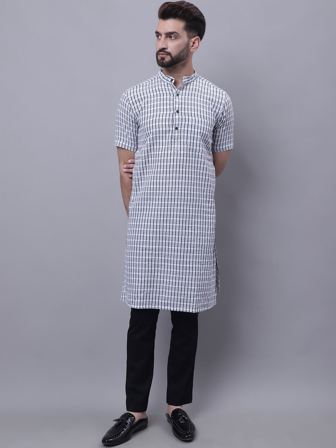 Even Apparels Multi Pure Cotton Short Sleeves Kurta With Band Collar 
