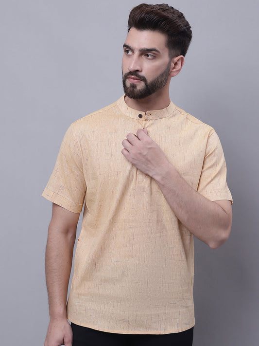 Even Apparels Beige Pure Cotton Short Kurta With Band Collar 