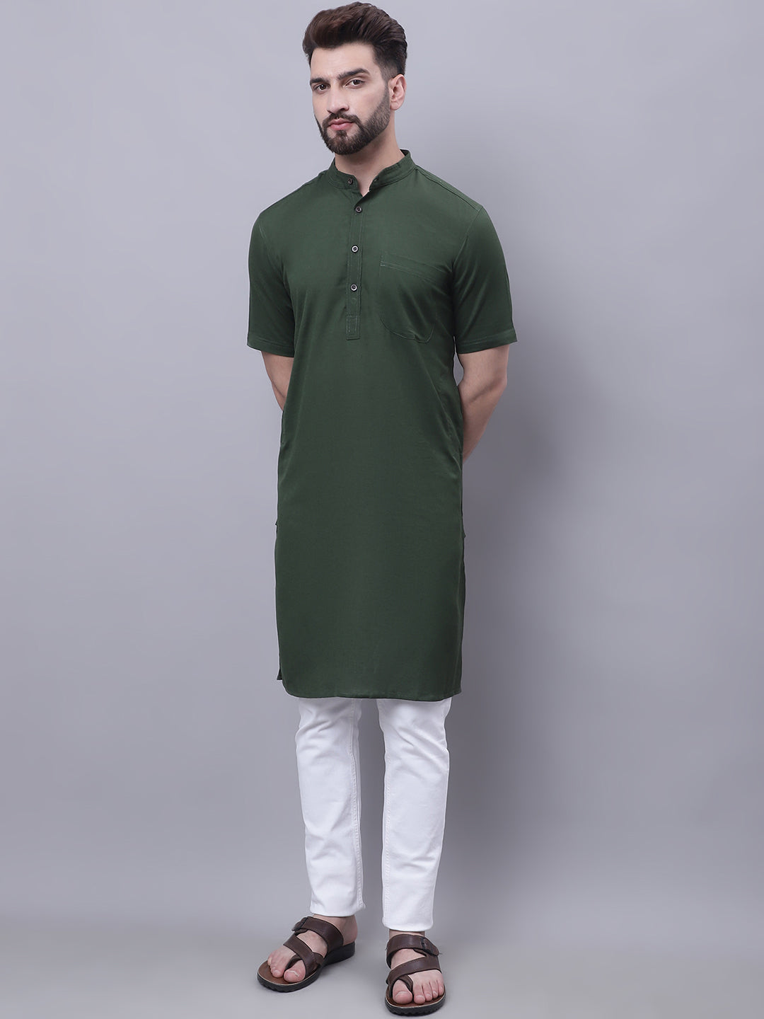 Even Apparels Green Pure Cotton Short Sleeves Kurta With Band Collar 