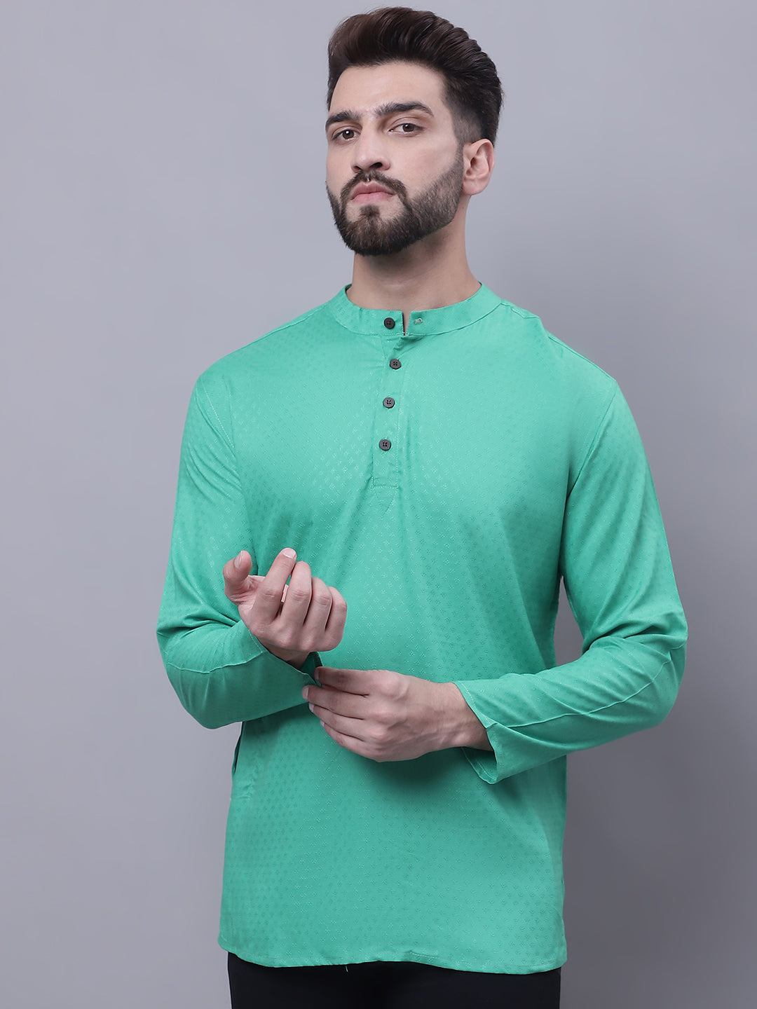 Even Apparels Green Pure Cotton Short Kurta With Band Collar 