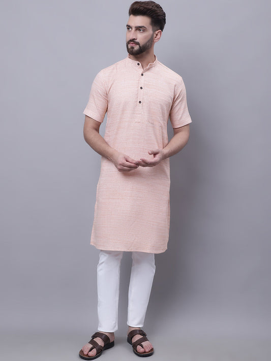 Even Apparels Peach Pure Cotton Short Sleeves Kurta With Band Collar 