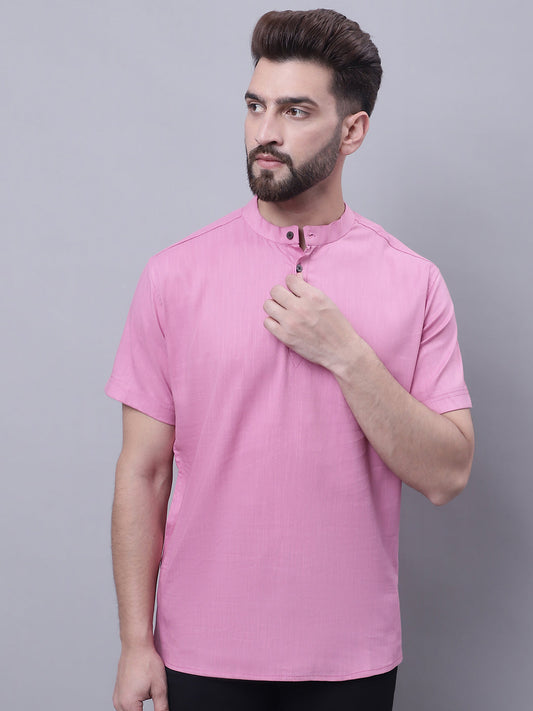 Even Apparels Pink Pure Cotton Short Kurta With Band Collar 