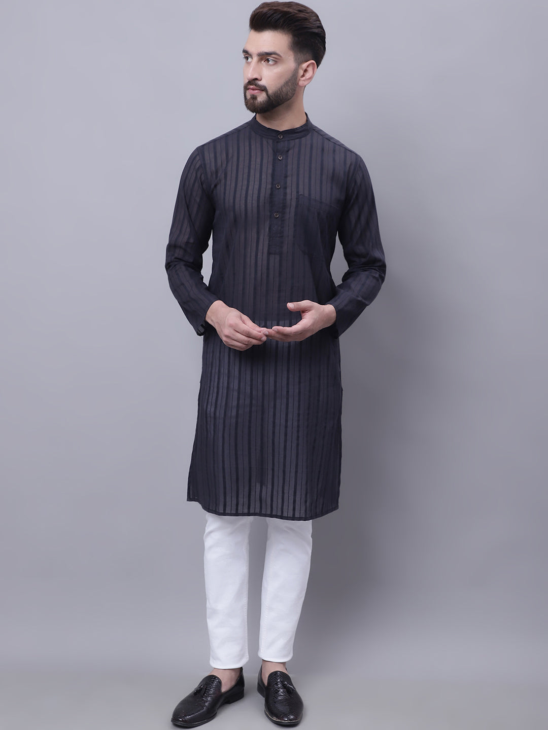 Even Apparels Black Pure Cotton Kurta With Band Collar 