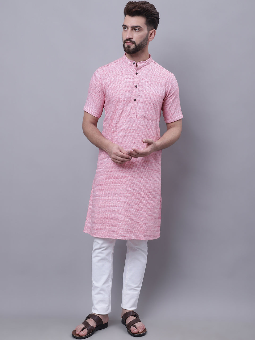 Even Apparels Pink Pure Cotton Short Sleeves Kurta With Band Collar 