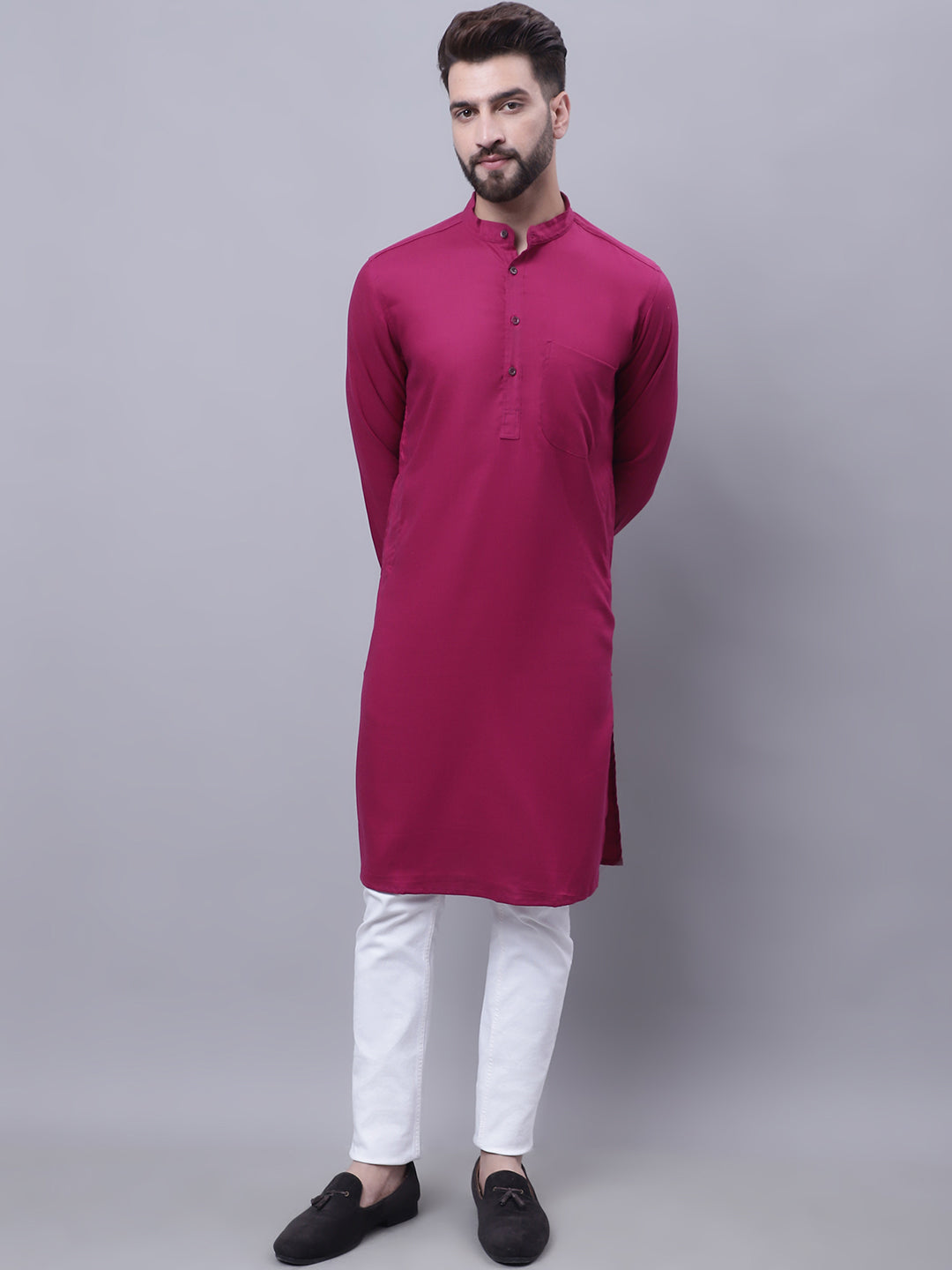 Even Apparels Wine Pure Cotton Kurta With Band Collar 