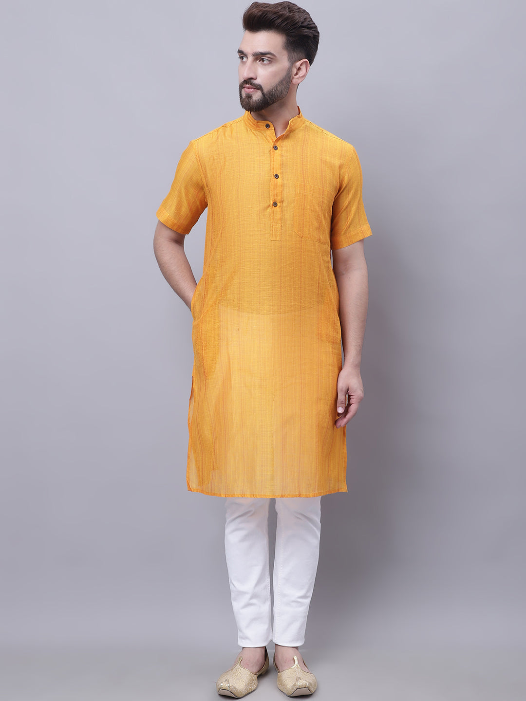 Even Apparels Yellow Pure Cotton Short Sleeves Kurta With Band Collar 