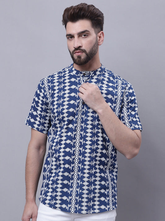 Even Apparels Blue Pure Cotton Short Kurta With Band Collar