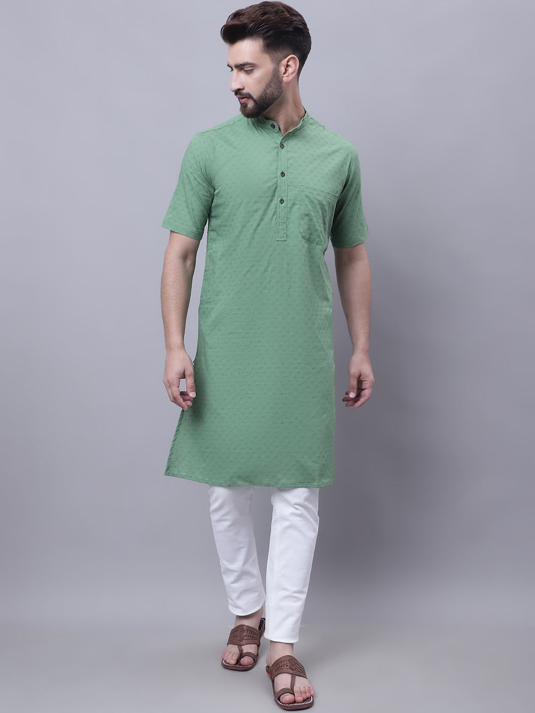 Even Apparels Green Pure Cotton Short Sleeves Kurta With Band Collar 