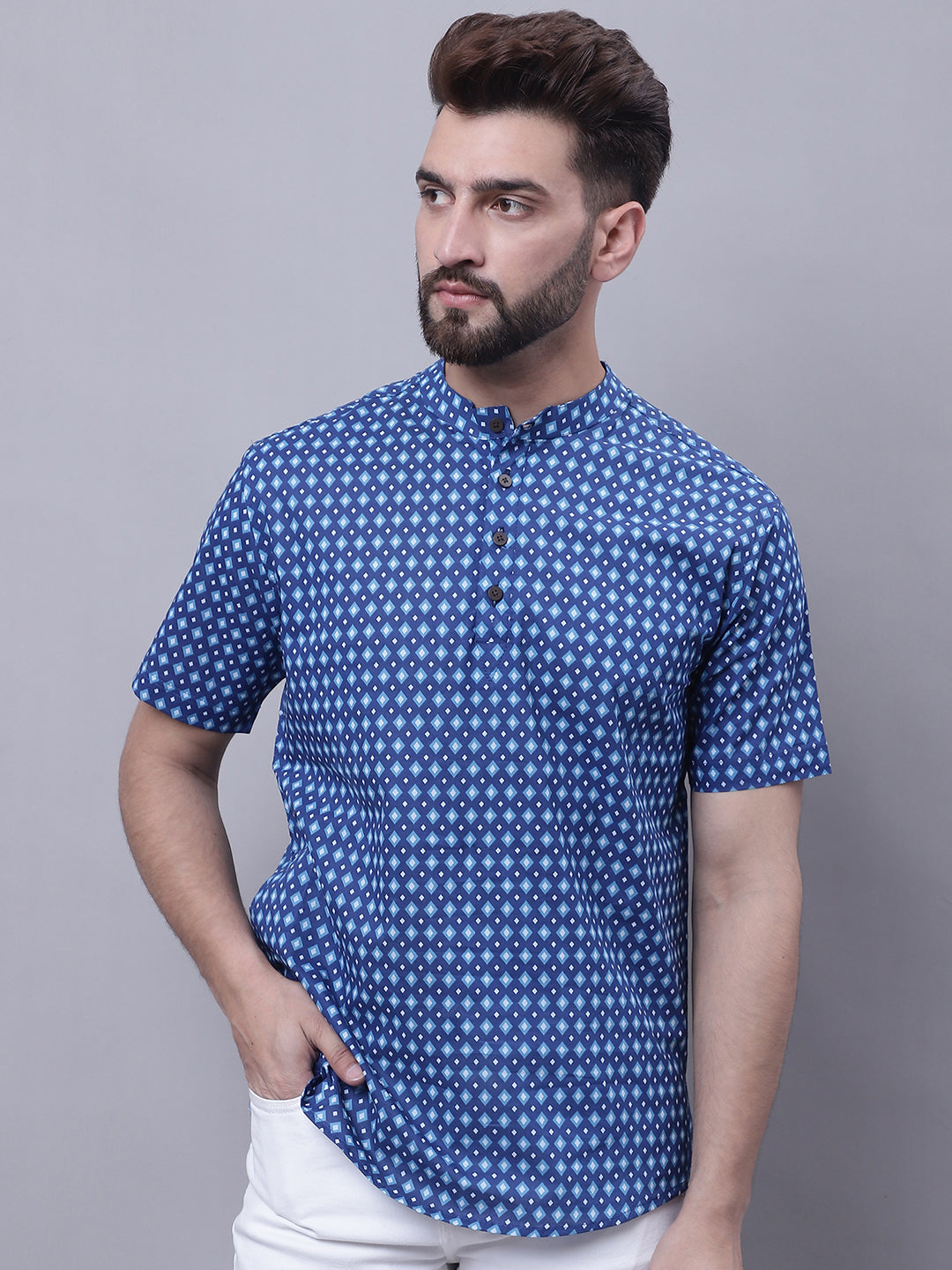 Even Apparels Blue Pure Cotton Short Kurta With Band Collar 