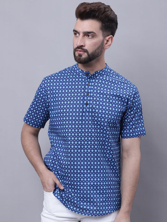 Even Apparels Blue Pure Cotton Short Kurta With Band Collar 