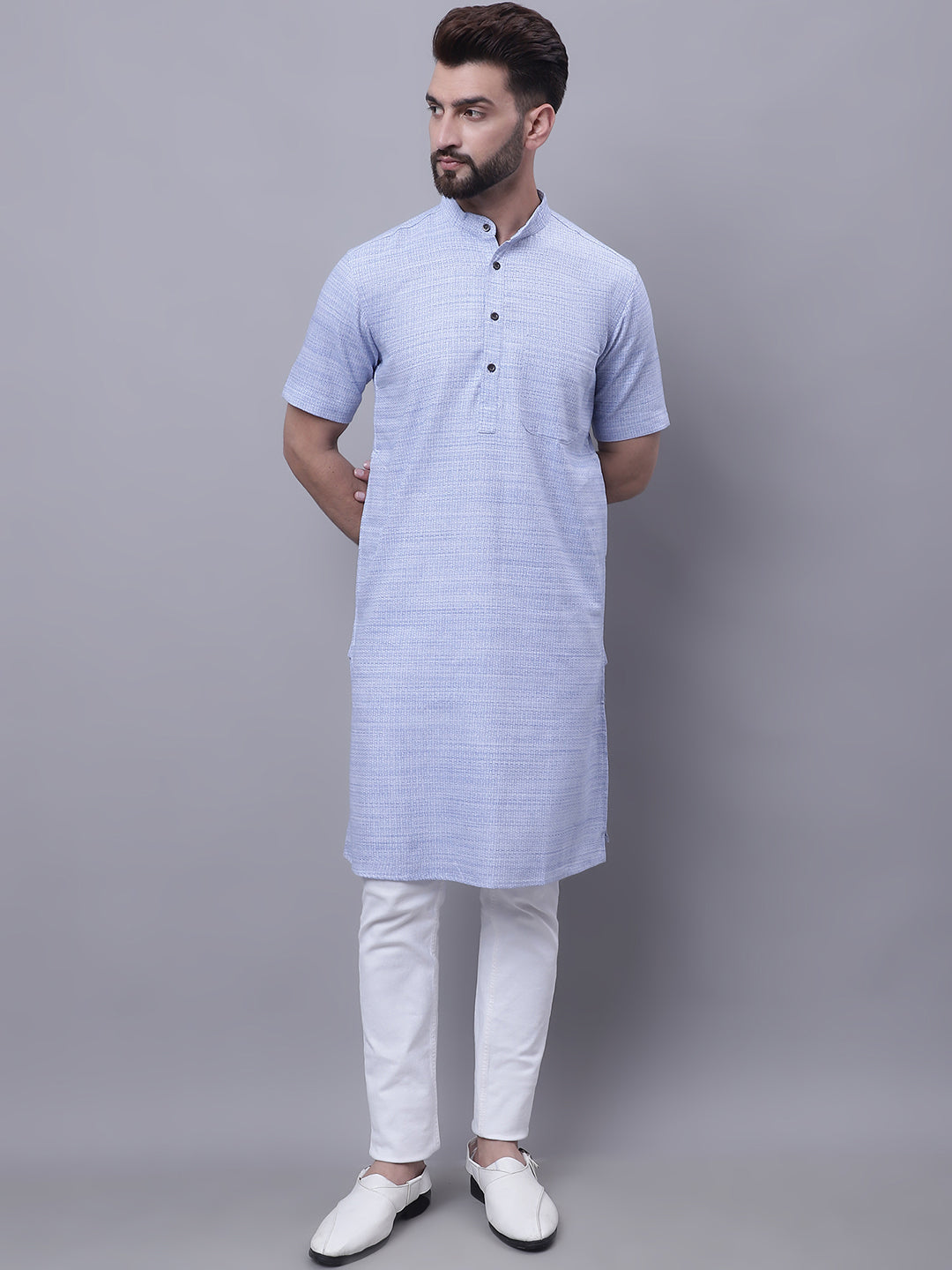 Even Apparels Blue Pure Cotton Short Sleeves Kurta With Band Collar 