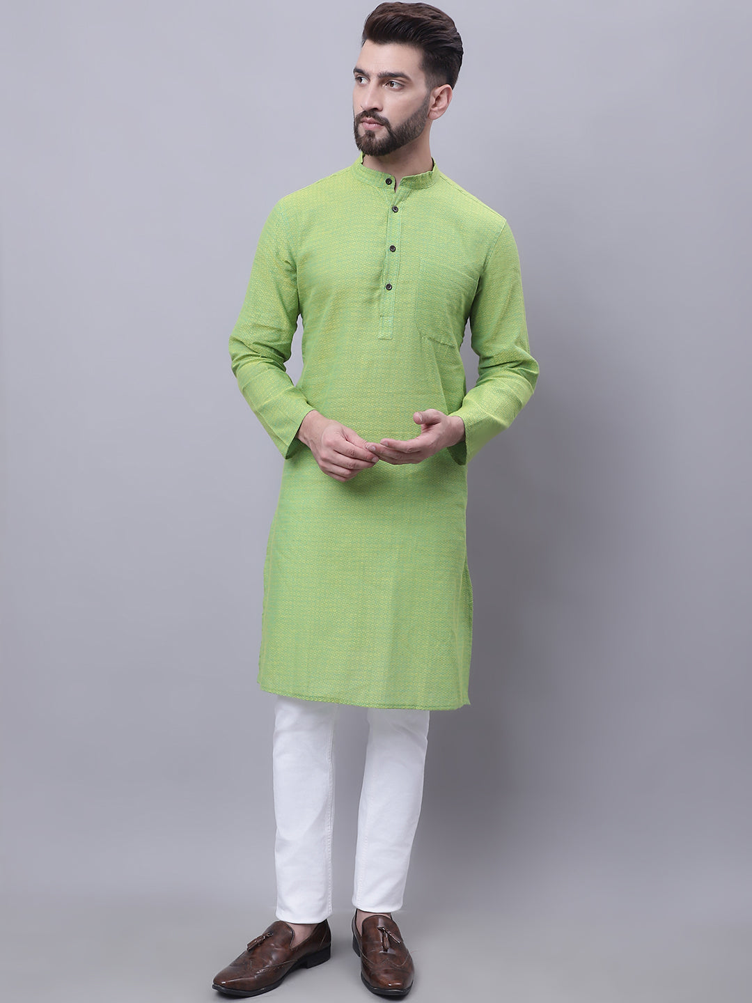 Even Apparels Green Pure Cotton Kurta With Band Collar 